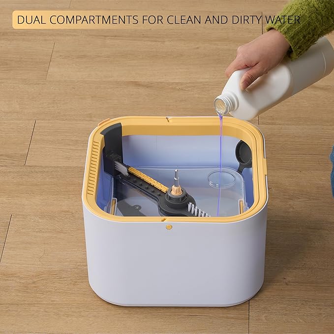 True & Tidy® TrueClean Mop and Bucket System Plus with New Easy Lift Inner Bucket, Self Wringing, Separates Clean from Dirty Water, Folding Mop Head, Dual Brush System, 6-pc Machine Washable Pads