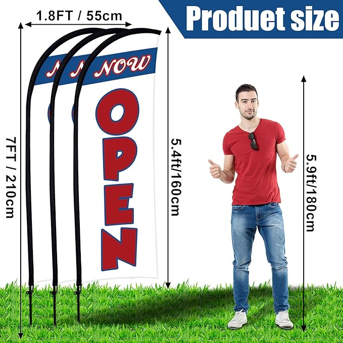 Buryeah 3 Sets Now Open Feather Flag Pole Kit for Business Advertising 7 ft Open Flag Banner Sign with Pole Kit Ground Stake and Portable Bag for Outside Ground (White and Blue)