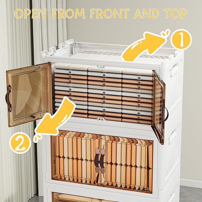 Storage Bins with 2 Lids and Wheels, 942QT-157QT*6Tier Collapsible Bathroom Storage Cabinet with Clear Doors, Plastic Stackable Closet Organizers and Containers White