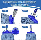Matthew Cleaning Screw-on Heavy Duty Cotton Wet Mop Replacement Heads(Blue, Large,6 Pack) with 2 Pack Microfiber Cloth for Residential & Commercial Floor Cleaning Use- Fit Standard American Screw