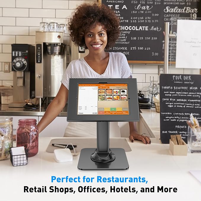 AboveTEK Anti-Theft iPad Kiosk Stand, POS iPad Security Stands, Aluminum Locking Tablet Stand with Heavy Duty Base, 360° Swivel & 75° Tilt, Retail Desk Mount for Business & Commercial Use (Black)