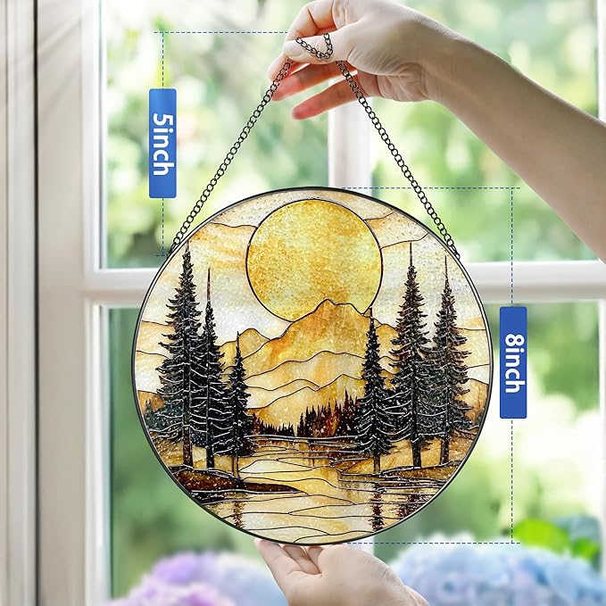 8-Inch Stained Glass Ornament, Stained Glass Window Hanging, Window Hanging Decor Suncatcher, Mountain Sunset Ornament | Holiday, Mother’s Day, Housewarming | Gifts for Nature Lovers, Friend & Family