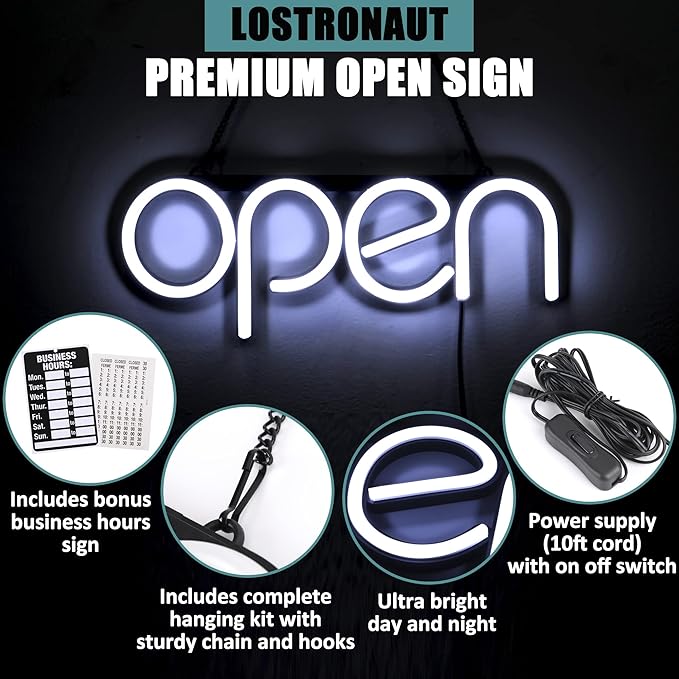 LED Neon Open Sign Light. Perfect to Advertise Storefront, Business, Office, Shop and Restaurant. Ultra Bright White Designer Color. Custom Built, Elegant Window Display