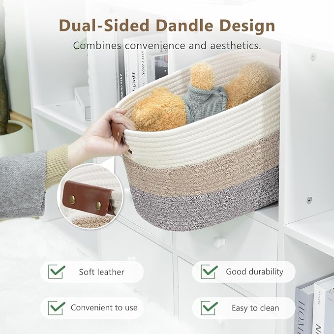Cotton Rope Basket, Storage Baskets with Handle, 15x10x9 Inch Woven Basket for Shelves, Laundry, Towels, Clothes, Books, (Gradient Brown 2 Pack)