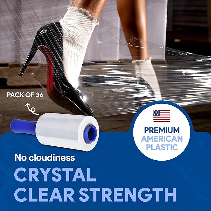 International Plastics Co. 5" Plastic Stretch Film/Wrap 1200ft 500% Stretch Clear Cling Durable Adhering Packing Moving Packaging Heavy Duty Shrink (36 Pack, 5" Spinning Handles)