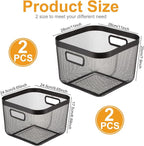 4 Pack Metal Mesh Basket with Hollow Handles Black Wire Storage Bin for Organizing Stackable Metal Fine Mesh Basket for Pantry Bathroom Kitchen Cabinets Shelves (Medium and Large)