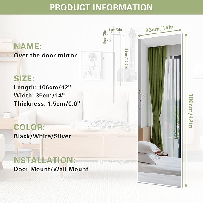 ANYHI Over The Door Mirror, 42"x14" Full Length Mirror for Wall Mirror, 2 Hooks, Aluminum Frame, for Bedromm Bathroom, White