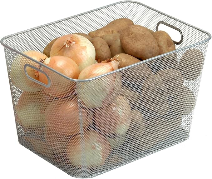 YBM Home Mesh Wire Storage Basket for Shelves, Pantry Organization, and Kitchen - Multipurpose Steel Wire Basket Holder Bin for Organizing Office Supplies, Household Toiletries and Laundry Supplies