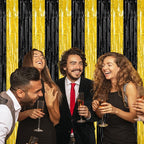 2 Pack Graduation Backdrop, 3.28 FT x 7.05 FT Black and Gold Foil Fringe Curtains, Metallic Foil Curtain Graduation Backdrop, Grad Party Supplies Black and Gold Party Decorations Class of 2025