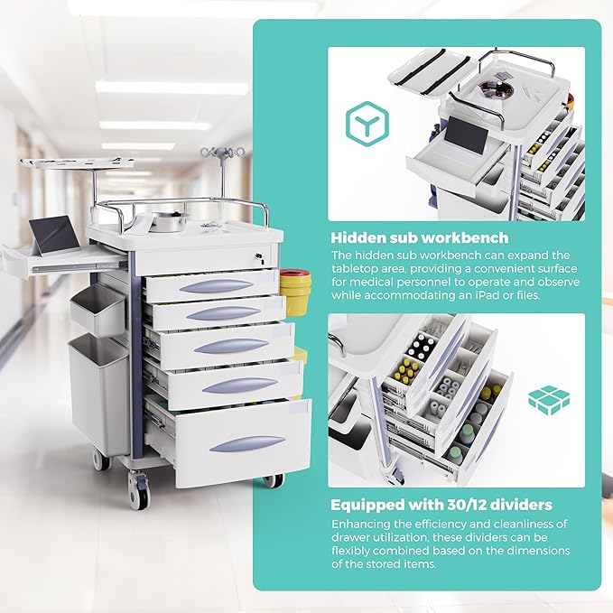 Rolling Emergency Medical Storage Crash Cart with Drawers -CPR Board, IV Pole, Silent Casters, Trash Bin, O2 Holder, Drawer with Dividers, File Box, Nursing Cart for Clinic, Hospital, Salon