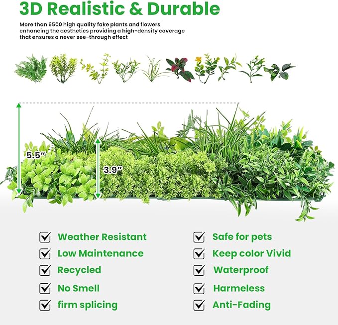Artificial Grass Wall Panels for Indoor Outdoor, 40"x40" (11.09 Sq.Ft), 3D Boxwood Panels, Greenery Wall Backdrop for Home Living & Wedding Event Decor with DIY 60 PCS Flower,100 PCS Zip Ties