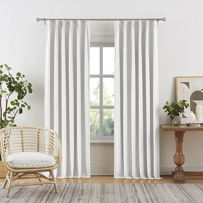 DUALIFE Greyish White Blackout Curtains, Pinch Pleated Folding Accordion Curtains with Hooks 2 Panels, Room Darkening Linen Blended Window Drapes for Bedroom,40 by 84 Inch Length 2 Burg