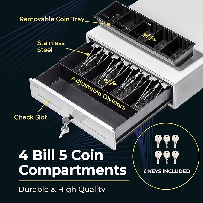 Volcora 13" Manual Push Open Cash Register Drawer for Point of Sale (POS) System - White with Stainless Steel Front Touch Panel - with 4 Bills and 5 Coin Slots, Key Lock with Removable Coin Tray