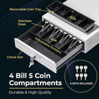 Volcora 13" Manual Push Open Cash Register Drawer for Point of Sale (POS) System - White with Stainless Steel Front Touch Panel - with 4 Bills and 5 Coin Slots, Key Lock with Removable Coin Tray