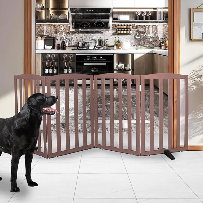Freestanding Dog Gate Indoor,Doggie Gate Foldable Pet Gates for Doorways,Stairs or Hallways, Wooden Brown Pet Gate for The House, Pet Fence with Support Feet Included,32 "Height-4 Panels