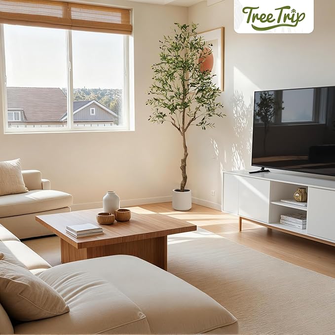 Artificial Olive Tree 7FT, Tall Faux Olive Trees with White Pot for Indoor Outdoor, Realistic Potted Plant Natural Wood Trunk, Leaves and Fruits for Home Office Decor (1, 7FT)