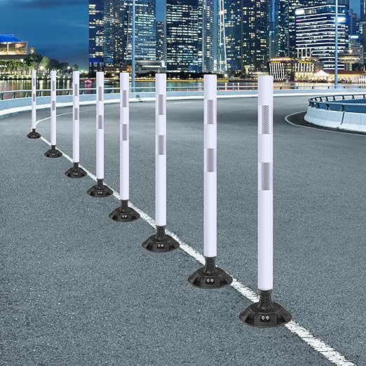 8 Pack Traffic Delineator Posts – High Visibility Reflective Safety Cones with Spring Base for Roadway, Parking, Garage, Construction Zones (White, 36 Inch)