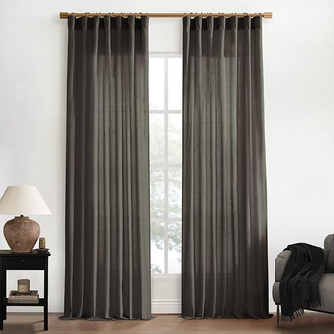 XTMYI Brown Linen Sheer Curtains for Living Room,Pleated Back Tab Light Filtering Curtain Drapes 90 Inches Long 2 Panels Set