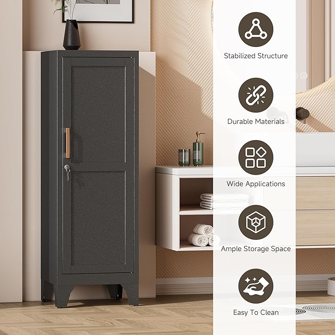 Bestoo Metal Locking Cabinet, 46" H Storage Locker with 1 Magnetic Door and 2 Adjustable Shelves, 3-Tier Black Storage Cabinet for Bathroom, Kitchen, Pantry, Home, Office, Garage