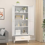 75" Kitchen Pantry Cabinet with Drawer, Metal Storage Cabinets with Doors and 4 Adjustable Shelves,White Kitchen Cabinet with 2 Gold Handles,Food Cupboard for Livingroom,Pantry, Bathroom