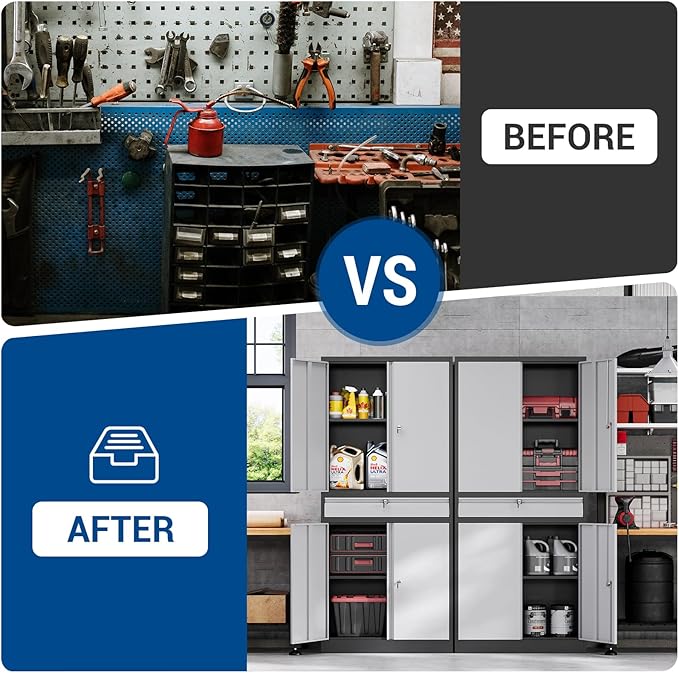 71" Metal Cabinet-Black&Gray Heavy Duty Storage File Cabinet Steel Tool Cabinets with Shelves, Lockable Doors and Drawers- for Garage, Pantry, Warehouse - Assembly Required