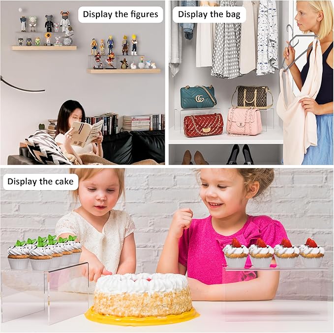 Acrylic Shelf Riser 12x5.9x6 pack of 2, Large Acrylic Risers for Desserts, Cupcake, Toys, Collectibles, Merchandises, 12x5.9x6 Inch