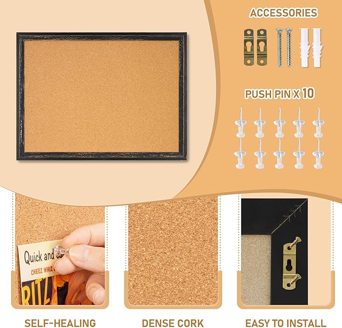 DOLLAR BOSS Cork Board for Office 24 X 18 Inches Cork Boards for Walls Bulletin Board, Decorative Hanging Pin Board Rustic Wooden Frame Vision Board Cork Notice Board for Office Home Decor, Black