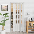 37-48 x 80in Accordion Doors Interior Folding Door, White PVC Accordion Door with 4 Frosted Acrylic Glass with Upgraded Roller & Handle & Complete Hardware, for Closet Bathroom Doorways