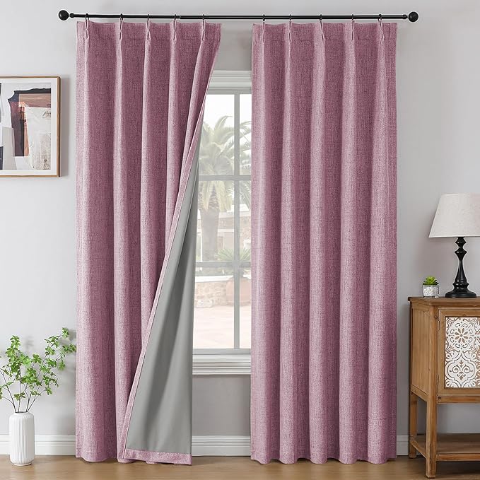 Joydeco Pinch Pleated Curtains - 100% Blackout for Bedroom, Pink Linen Curtains 40" W x 63" L, Thermal Insulated 2 Panels Light Blocking Drapes, Back Tabs for Living Room