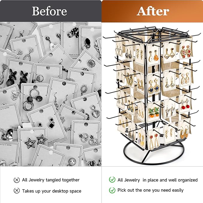 360 Rotating Earring Display Stands for Selling, 4 Tier Metal Earring Rack Holder Stand, Jewelry Display for Selling Earring Cards, Bracelets, Necklaces, KeyChains, Hair Accessories (48 Hooks)