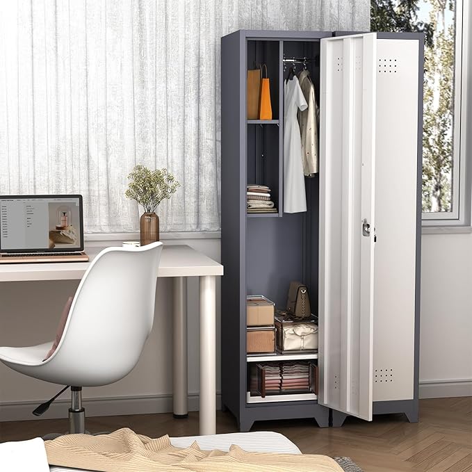 LUCYPAL Slim Broom Storage Cabinet with Shelves,Metal Cleaning Tool Cabinet with Locking Doors and Hanging Rod,Tall Broom Utility Closet Cabinets for Kitchen,Pantry,Home Office,White&Grey