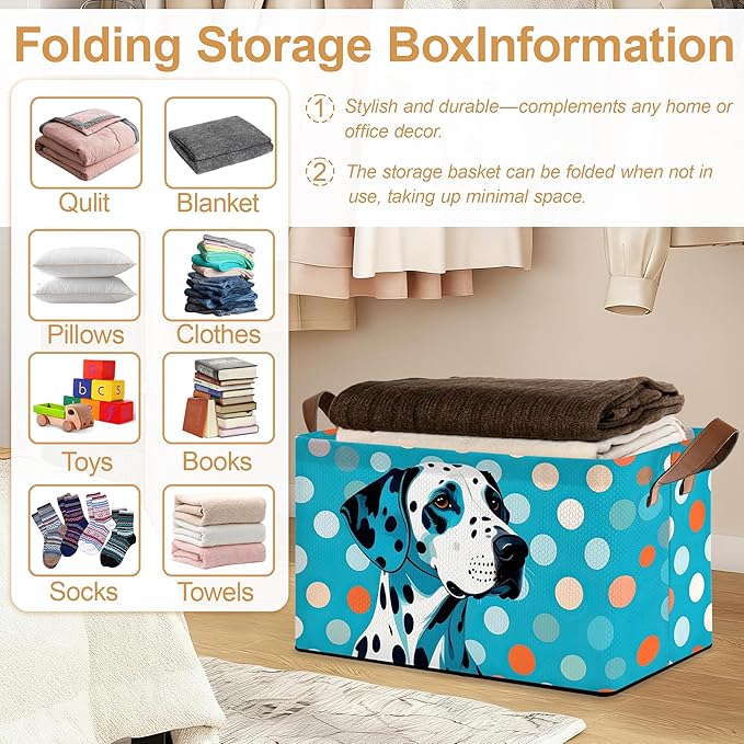 Storage Bin with Handles, Blue-Spotted Dog Cute Animal Collapsible Laundry Baskets for Books, Laundry - Use in Nursery, Closet Organizers and Storage, Blanket Basket
