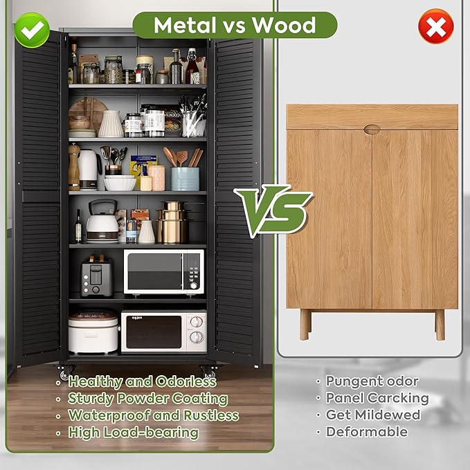 Garage Storage Cabinet with Wheels, Lockable Metal Storage Cabinet with 5 Adjustable Shelves, Magntic Door for Garage Home Office Utility Room,Required Assembly,Black,70.87"H x 31.5"W x 15.75"D