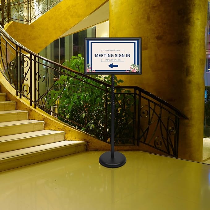 YIYO Adjustable Pedestal Poster Sign Stand,8.5 x 11 Advertising Business Menu Sign Holder for Floor Standing with Aluminum Snap-Open Reusable Frame,Black (8.5 x 11)