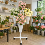 DYALE Flower Display Stand with Buckets - Flower Cart with Wheels for Bouquet Shop, Metal Flower Rack Display Stand for Wedding Garden, Party, Events 1 (White, Round buckets)