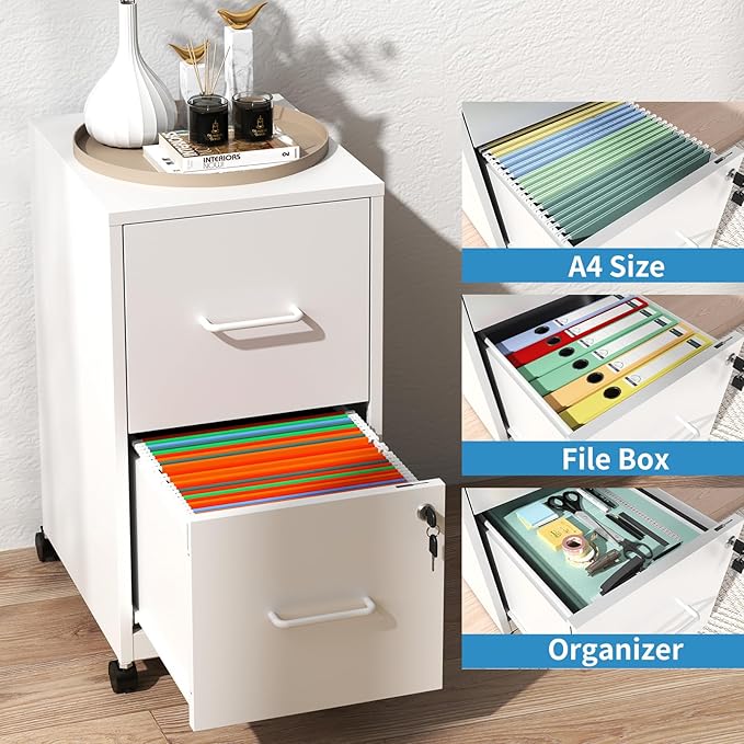 2 Drawer File Cabinet with Lock, Mobile File Cabinets with Wheels, Metal Office Storage Cabinet Under Desk,Vertical Filing Cabinets for Home Office, Required Assembly