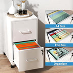 2 Drawer File Cabinet with Lock, Mobile File Cabinets with Wheels, Metal Office Storage Cabinet Under Desk,Vertical Filing Cabinets for Home Office, Required Assembly