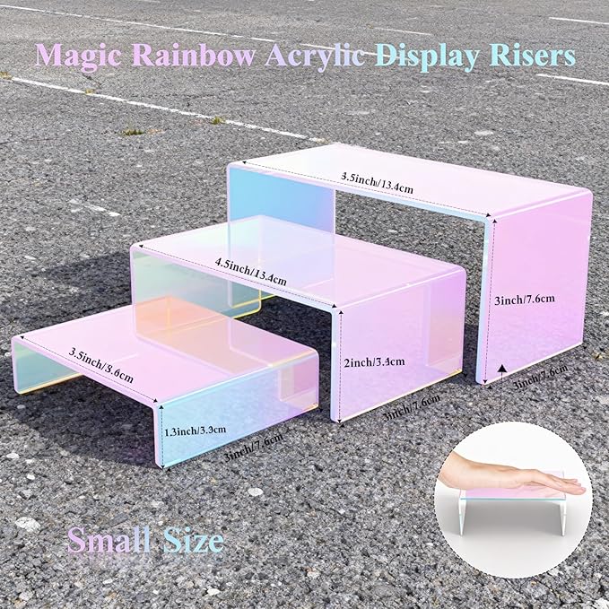 Stackable Acrylic Display Risers, 4 Sets 12 Pieces Clear Riser Stands, 3-Tier Iridesc Stair Stands for Cupcakes, Jewelry, Makeup - Waterproof & Easy Clean, Space-Saving Nesting Design (3 Sizes)