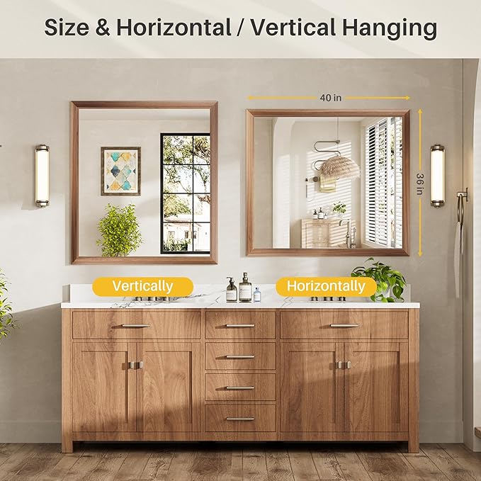 40x36 Inch Bathroom Mirror for Wall, Anti-Rust Walnut Wood Grain Metal Framed Bathroom Mirrors for Over Sink,Rectangler Mirrors for Bathroom Vanity, Farmhouse, Bedroom, Living Room, Entryway Decor