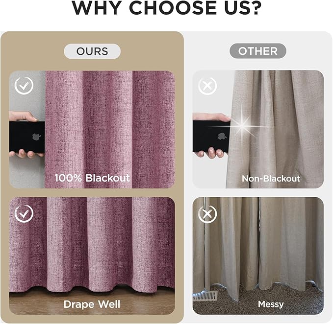 Joydeco Pinch Pleated Curtains - 100% Blackout for Bedroom, Pink Linen Curtains 40" W x 84" L, Thermal Insulated 2 Panels Light Blocking Drapes, Back Tabs for Living Room
