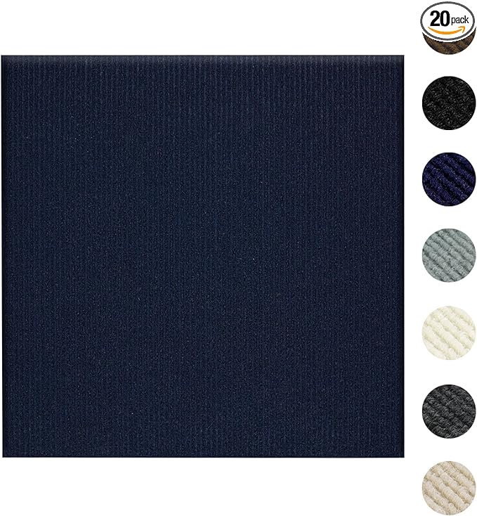 Carpet Tiles Peel and Stick 24” x 24”, Self Adhesive Soft Padded Flooring Stickers, Dark Blue Home Decor for Bedroom Living Room Office, 20 Tiles & 80 sq ft per Box