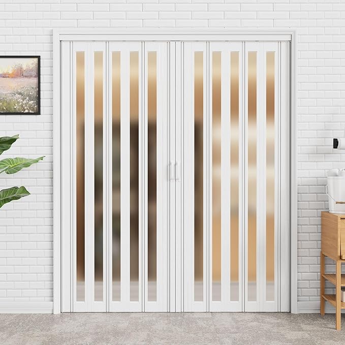 48-72 x 80in (Double 24-36) Accordion Doors Interior Folding Door, 1 Frosted Acrylic Glass PVC Accordion Door with Upgraded Roller & Handle & Complete Hardware for Closet Bathroom Doorways
