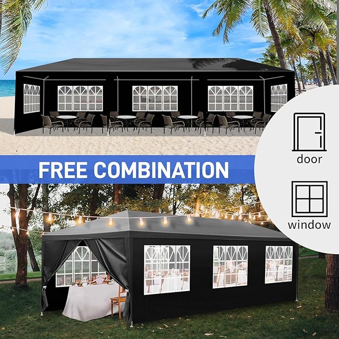 10x30 FT Party Tent, Outdoor Wedding Tents for Parties, Canopy Event Tent with 8 Removable Sidewalls, Waterproof Gazebo Shelter for Birthday Parties, Weddings, BBQs & Events (10X30FT-8Sides Black)