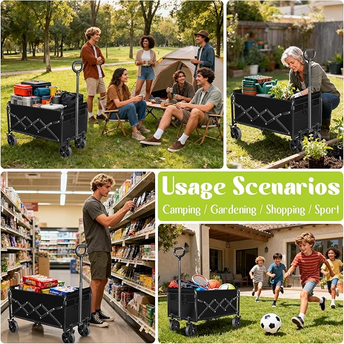 Wagons Carts Foldable, Collapsible Wagon with Wheels, Folding Wagons carts for Camp Sports Garden, Portable Utility Outdoor Wagon with 360lbs, Garden Cart for Groceries, Two Cup Holder, Black