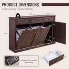 Triple Tilt Out Laundry Hamper Cabinet, 20 Gallon Farmhouse Trash Can Cabinet w/Drawer & Adjustable Shelf, Hidden Garbage Can Bin Cabinets w/Laundry Basket for Bathroom, Kitchen (Brown)