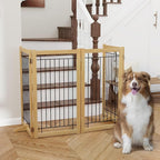 Wire Dog Gate Solid Wood Frame, Anti-Chewing, 4-Panel, 36" Height, 80" Width, Indoor Freestanding Pet Gate Foldable Wooden Dog Fences for Stairs, House, Doorway, Oak Color