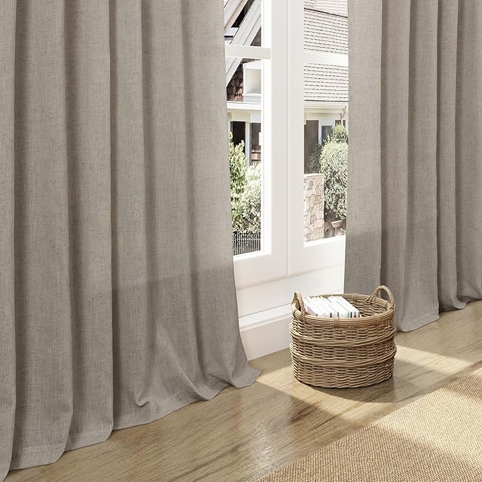 Nanspring Grey Beige Linen Curtains 96 Inches Long for Living Room Simple Modern Luxury Light Filtering Semi Sheer Curtain Back Tab Flax Boho Neutral Gray Drapes for Bedroom Office 52x96, 2 Panels