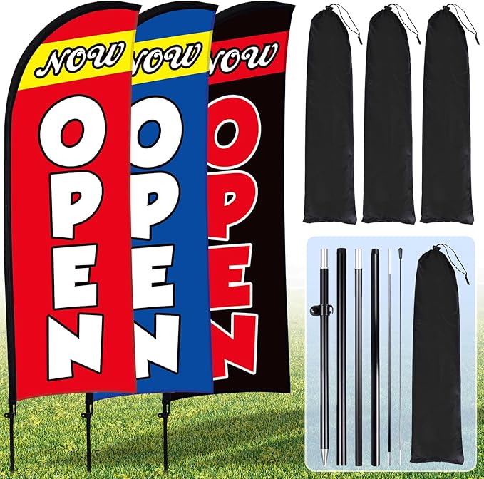 Buryeah 3 Sets Now Open Feather Flag Pole Kit for Business Advertising 7 ft Open Flag Banner Sign with Pole Kit Ground Stake and Portable Bag for Outside Ground (Multicolor)