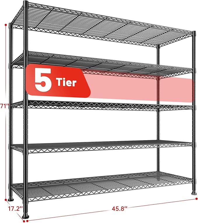 REIBII 45.8''W Storage Shelves 5 Tier Wire Shelving Metal Shelves for Storage 1000LBS Adjustable Heavy Duty Metal Shelving Unit Storage for Pantry Kitchen Garage 45.8" W x 71" H x 17.2" D 4PCS