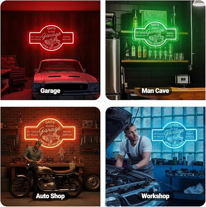 Personalized Garage Neon Sign, Custom 3D Engraved Name Garage LED Sign with Remote Control, Customized Mechanic Garage Sign for Autoshop, Workshop, Man Cave, Gift for Dad Men
